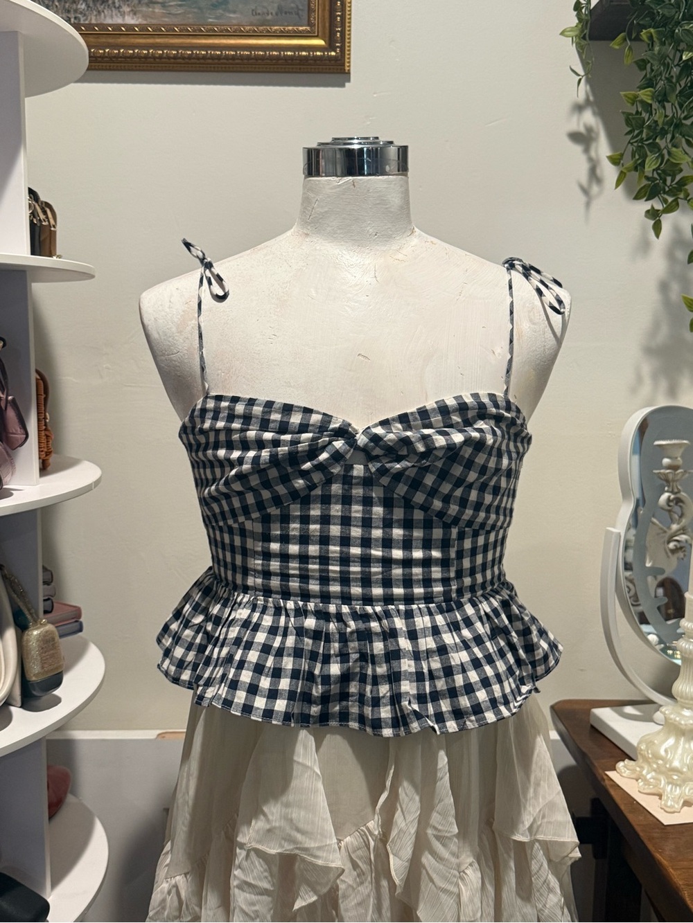 Dress Forum Navy and White Gingham Tie-Shoulder Peplum Top - READ DESCRIPTION